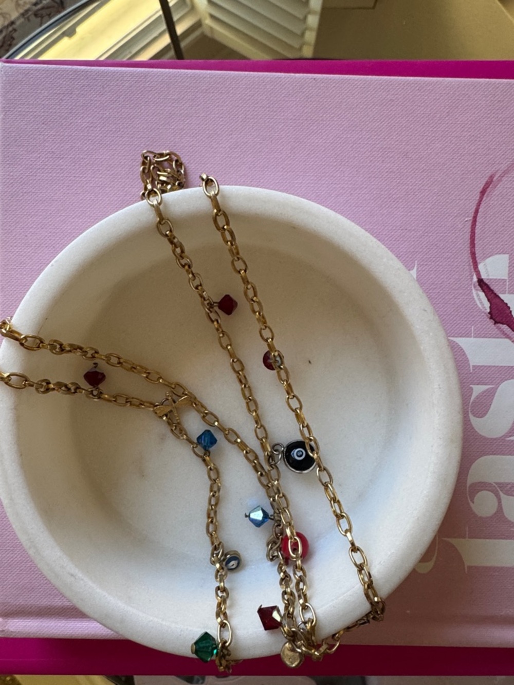 Gold Chain Necklace with Multicolor Beads and Eye Charm